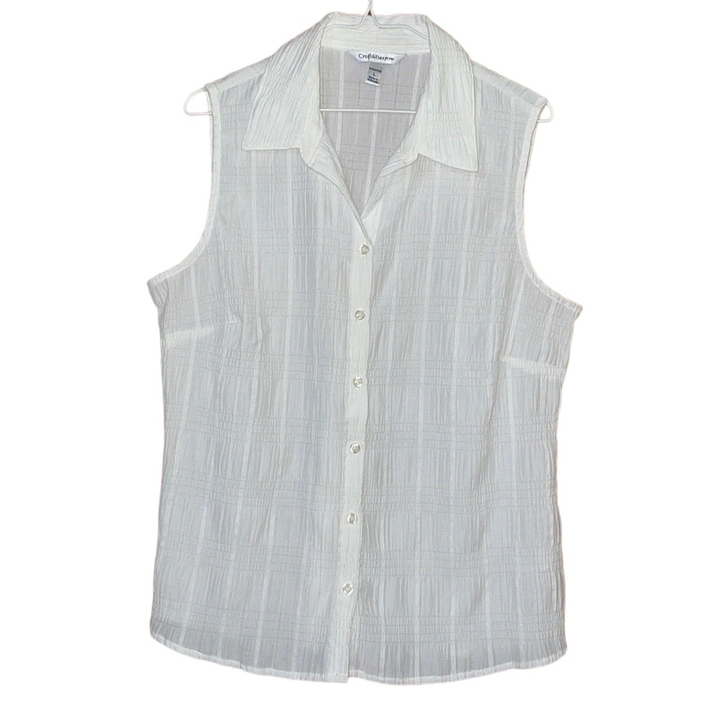 •CROFT&BARROW•WHITE TEXTURED SMOCKED COLLAR BUTTON DOWN SLEEVELESS BLOUSE LARGE